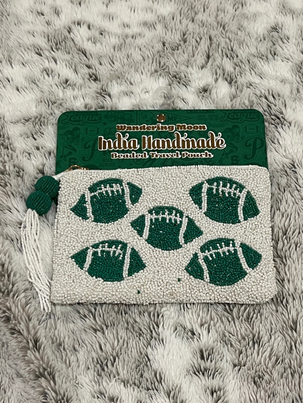 Viral Wandering Moon India Handmade Beaded Football Pouch - White & Green travel